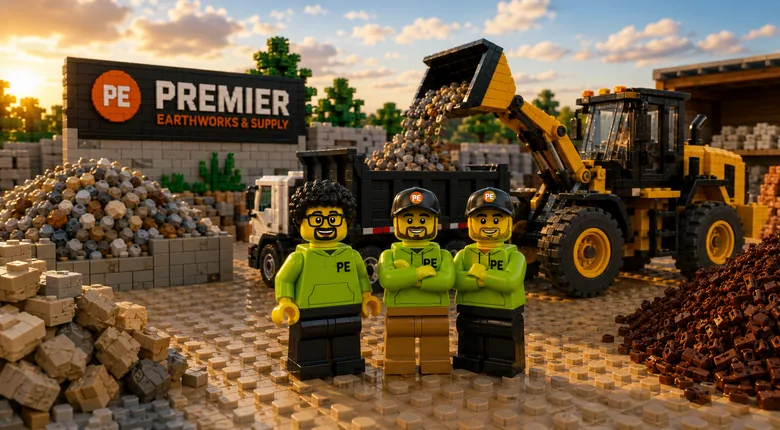 LEGO-style scene of the Premier Earthworks & Supply yard with a wheel loader, dump truck and three crew members