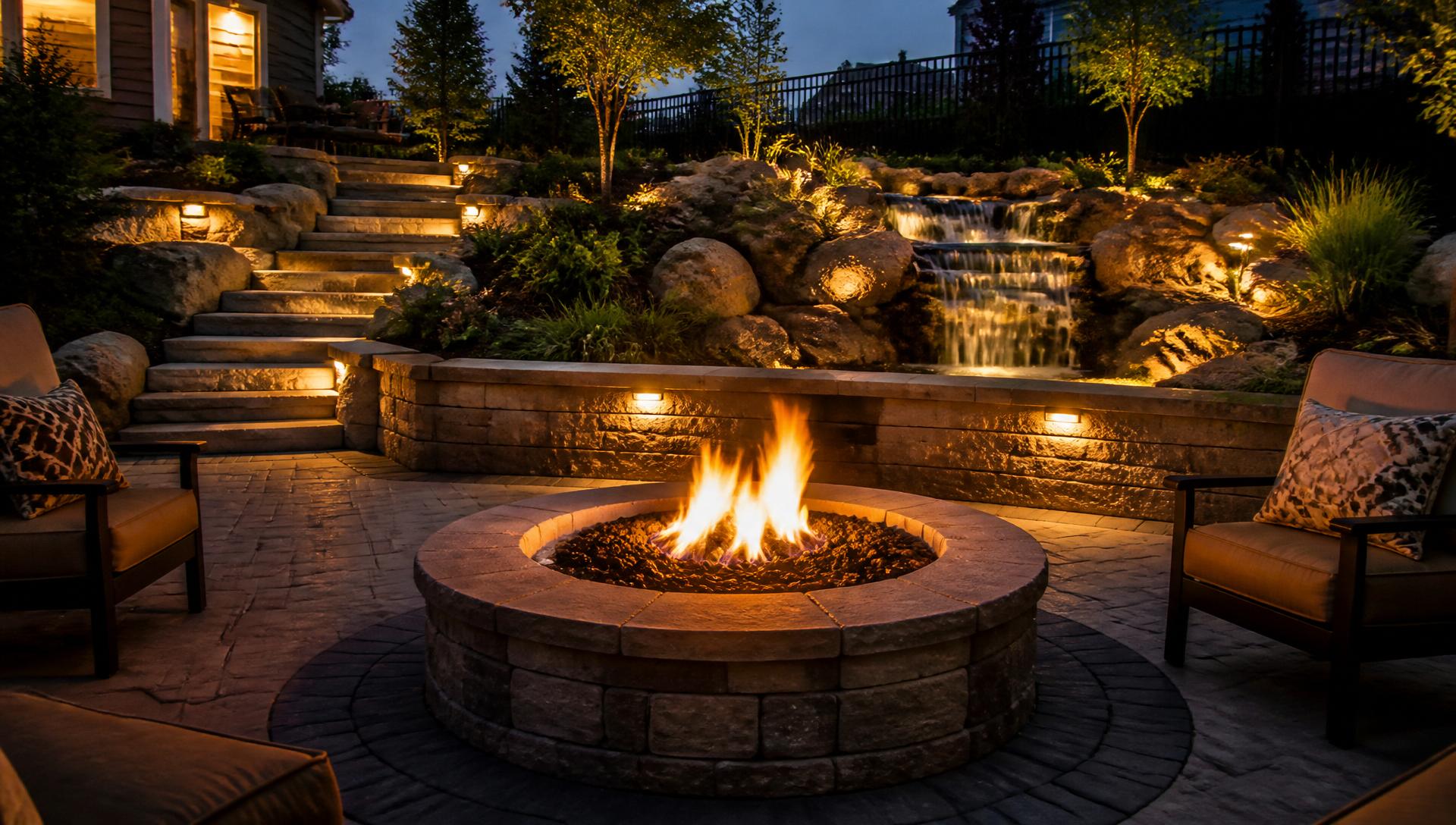 Backyard paver patio with stone fire pit and retaining wall in Sioux Falls